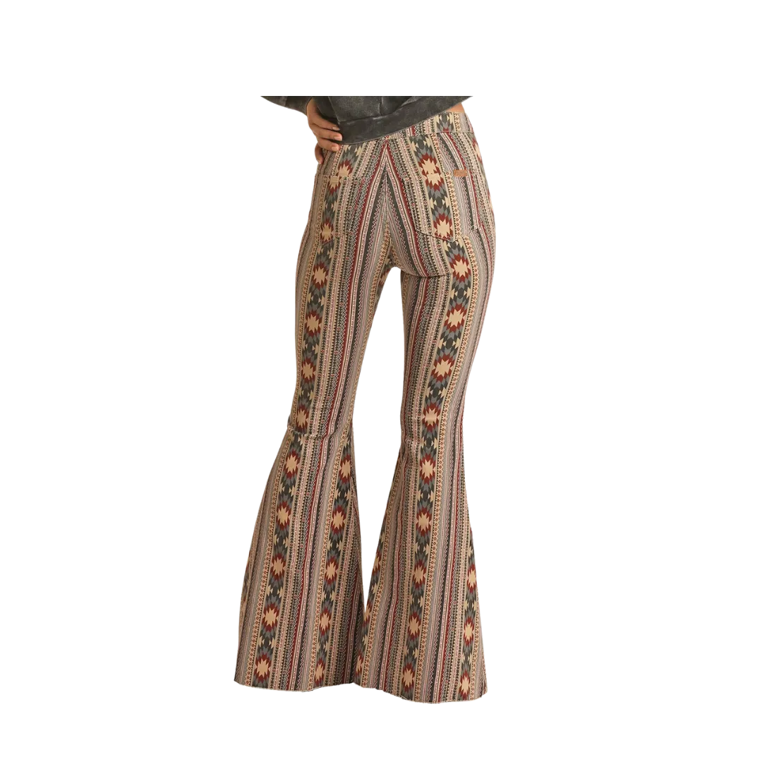 Panhandle Slim Women's High Rise Stretch Tan Aztec Bell Bottom Jeans