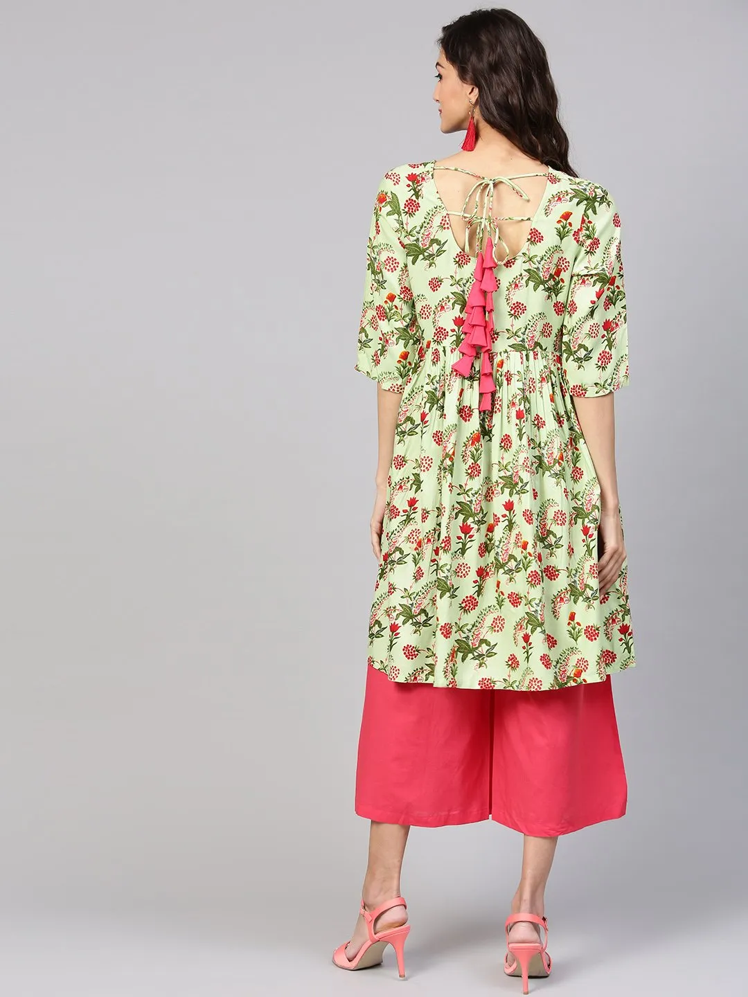 Pastel green floral printed A-line cotton kurta with solid coral culottes