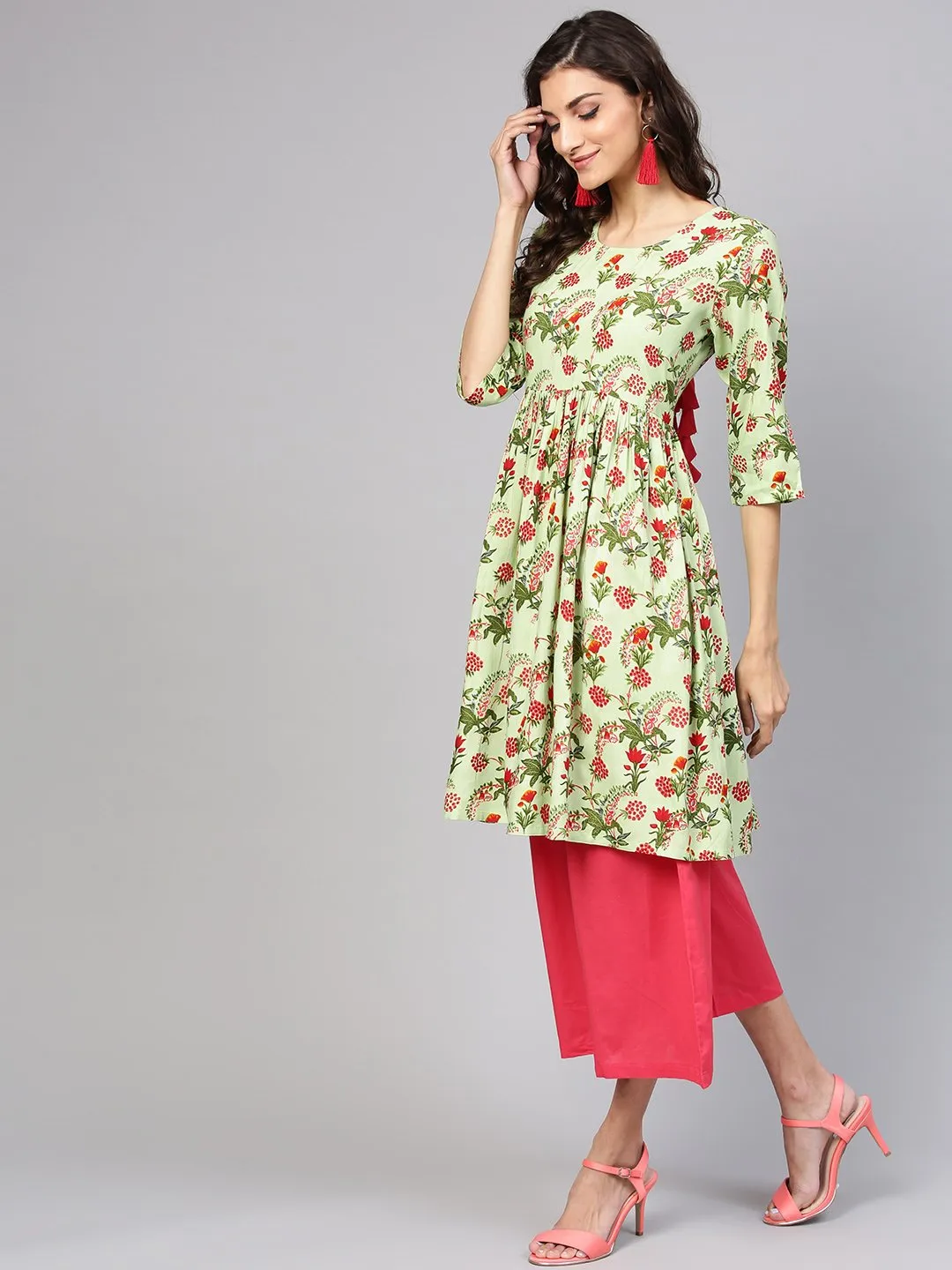 Pastel green floral printed A-line cotton kurta with solid coral culottes