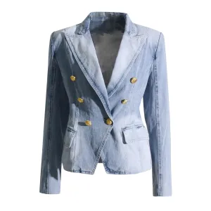 Patchwork Double Breasted Coats For Women Notched Collar Long Sleeve Tunic Casual Denim Coat Female Fashion Clothes