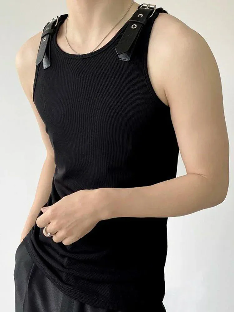 Personalized Design Men's Leather Shoulder Loop Vest Solid Color Korean Casual Knitted Sleeveless Fashion 9A1978