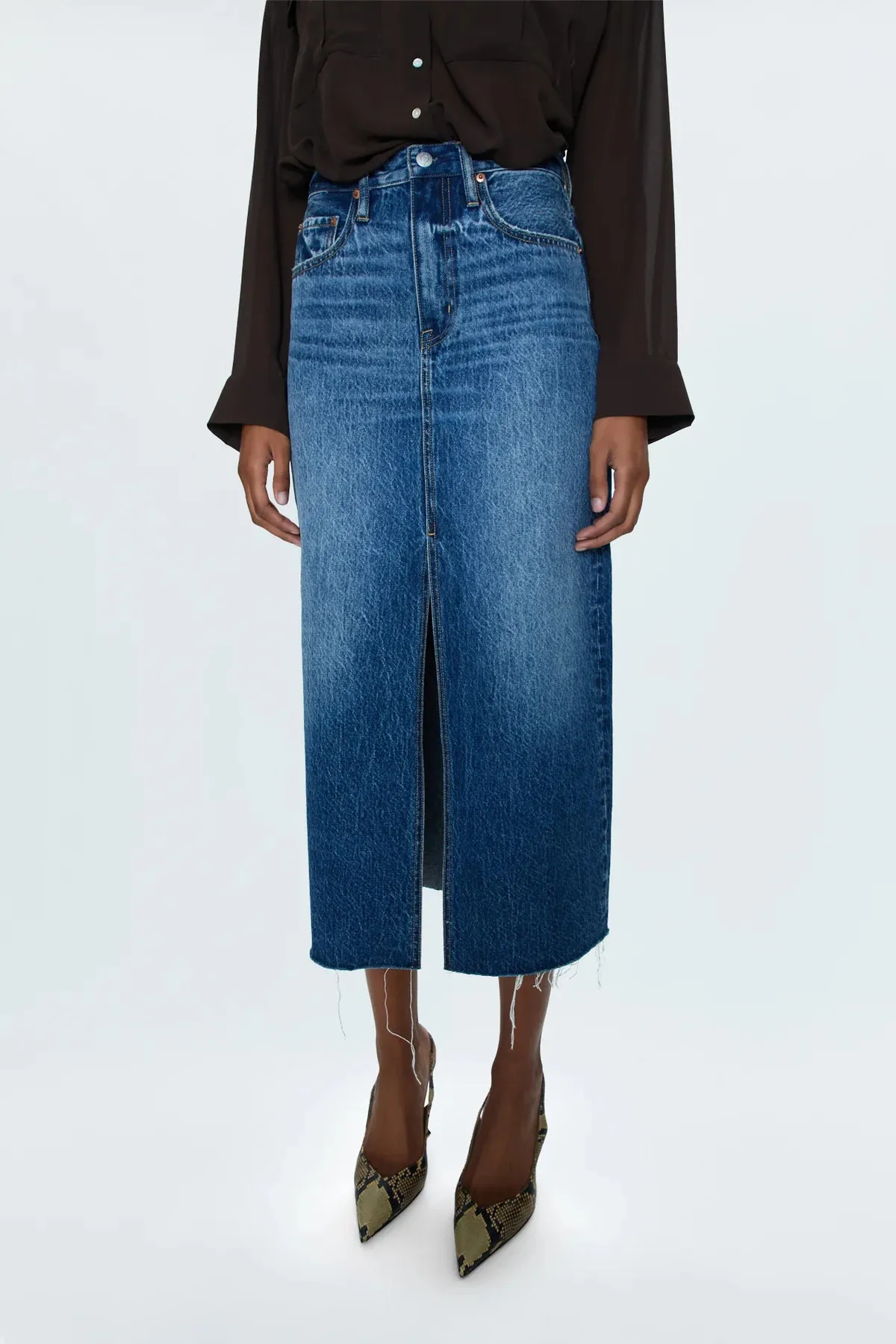 PIS Alice High Rise Midi Denim Skirt in Fairfax