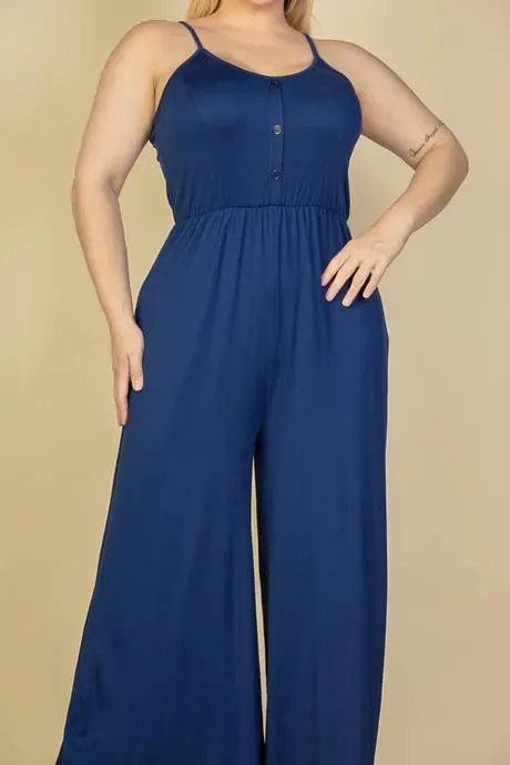 Plus size button front wide leg jumpsuit