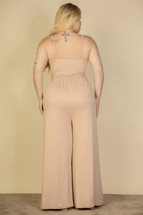 Plus size button front wide leg jumpsuit