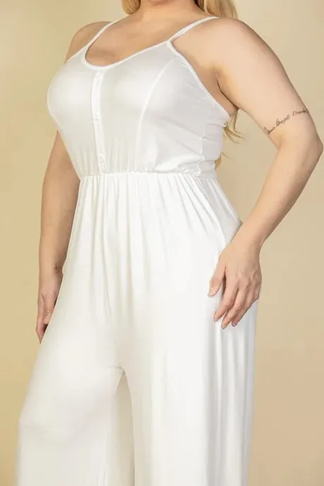 Plus size button front wide leg jumpsuit