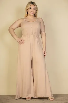 Plus size button front wide leg jumpsuit