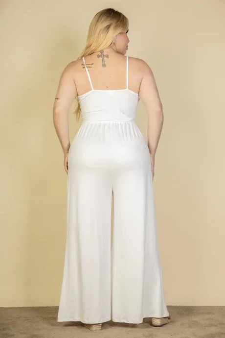 Plus size button front wide leg jumpsuit