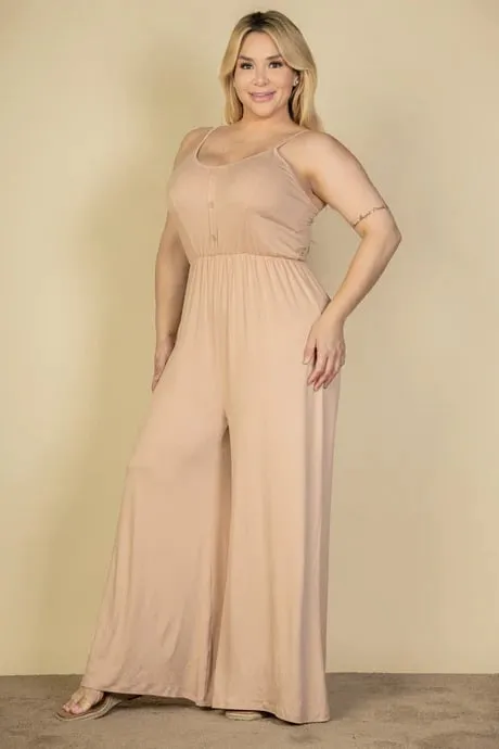 Plus size button front wide leg jumpsuit