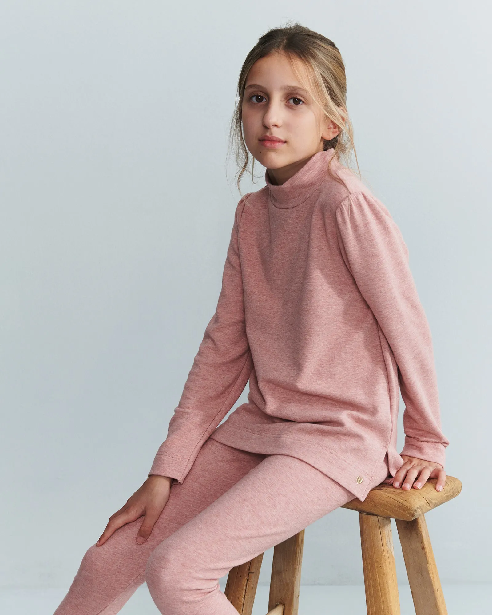 Plush Jersey T-neck Blouse - Tween - Dusty Rose Melange