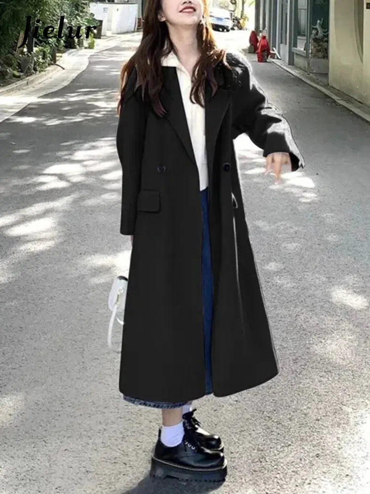 Purple Casual Long Woolen Coat Women Raglan Sleeve Winter Blends Coats Female Black Single Button Office Lady Outerwear