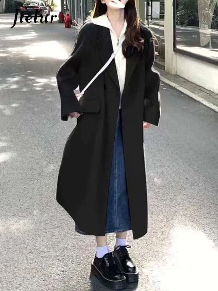 Purple Casual Long Woolen Coat Women Raglan Sleeve Winter Blends Coats Female Black Single Button Office Lady Outerwear