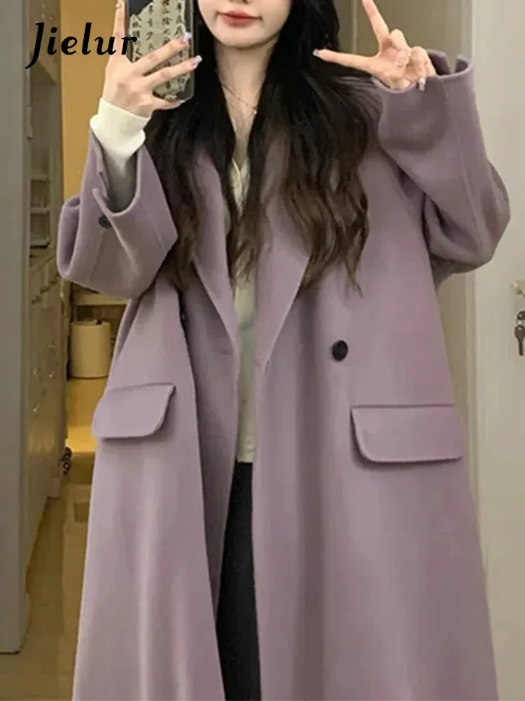 Purple Casual Long Woolen Coat Women Raglan Sleeve Winter Blends Coats Female Black Single Button Office Lady Outerwear