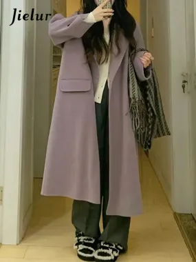 Purple Casual Long Woolen Coat Women Raglan Sleeve Winter Blends Coats Female Black Single Button Office Lady Outerwear