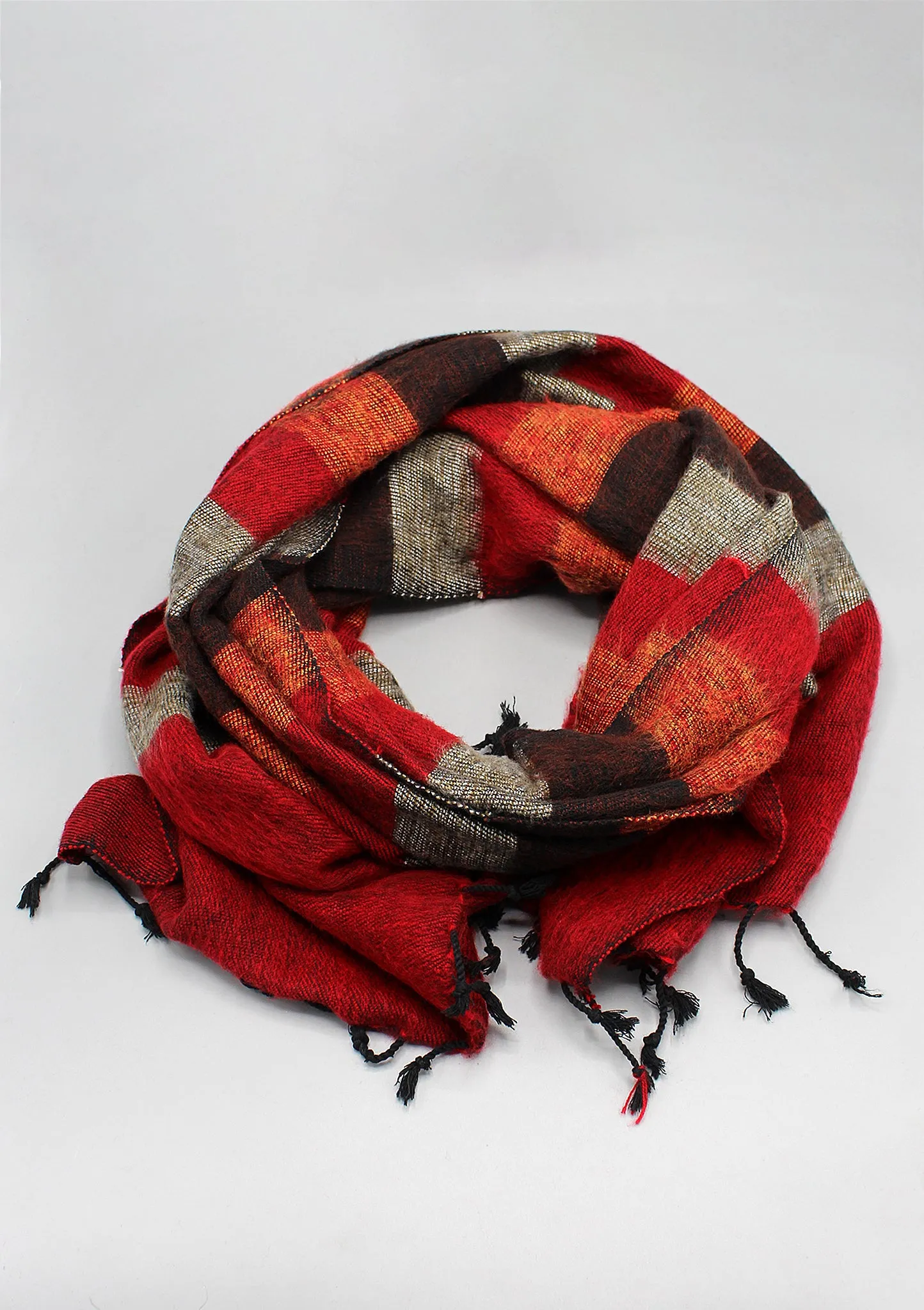 Red Brown Mix Stripe Hand-loomed Yak Wool Shawl