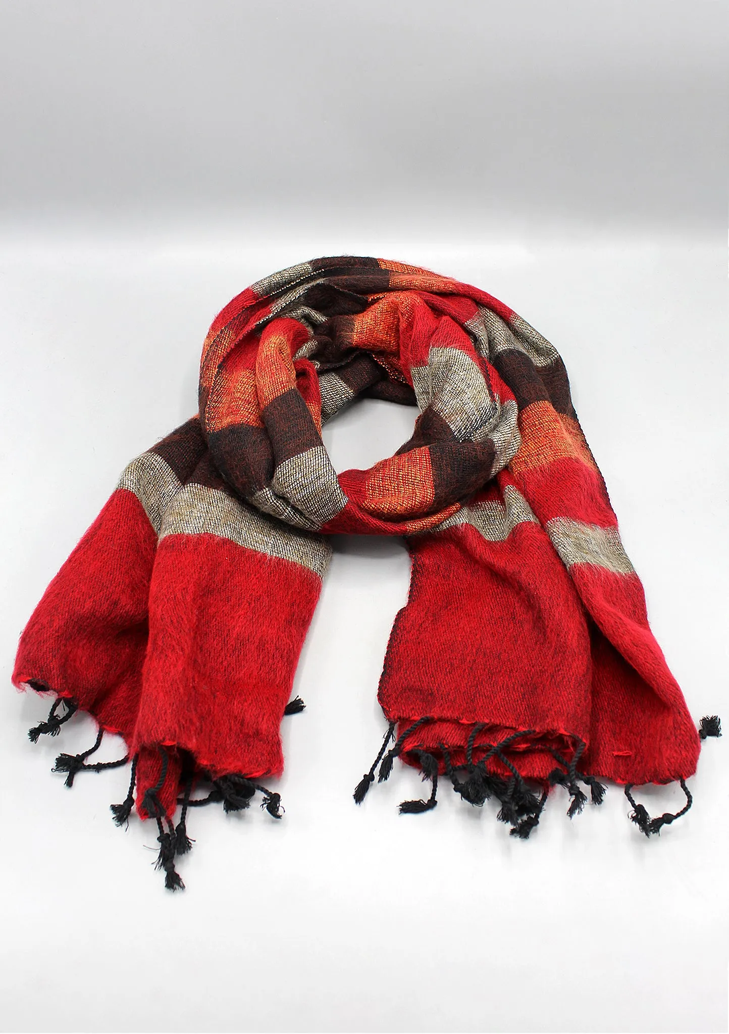 Red Brown Mix Stripe Hand-loomed Yak Wool Shawl