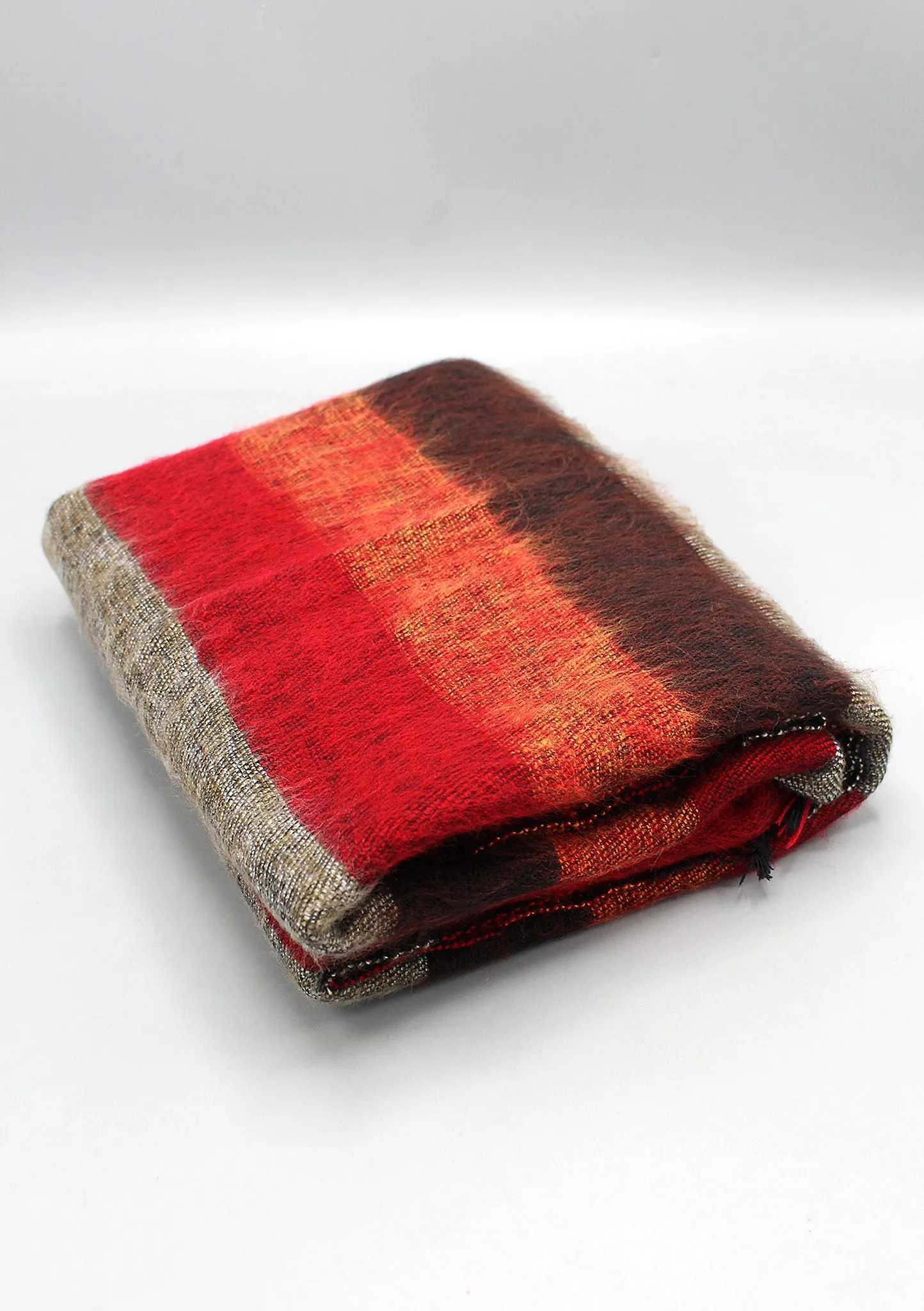 Red Brown Mix Stripe Hand-loomed Yak Wool Shawl