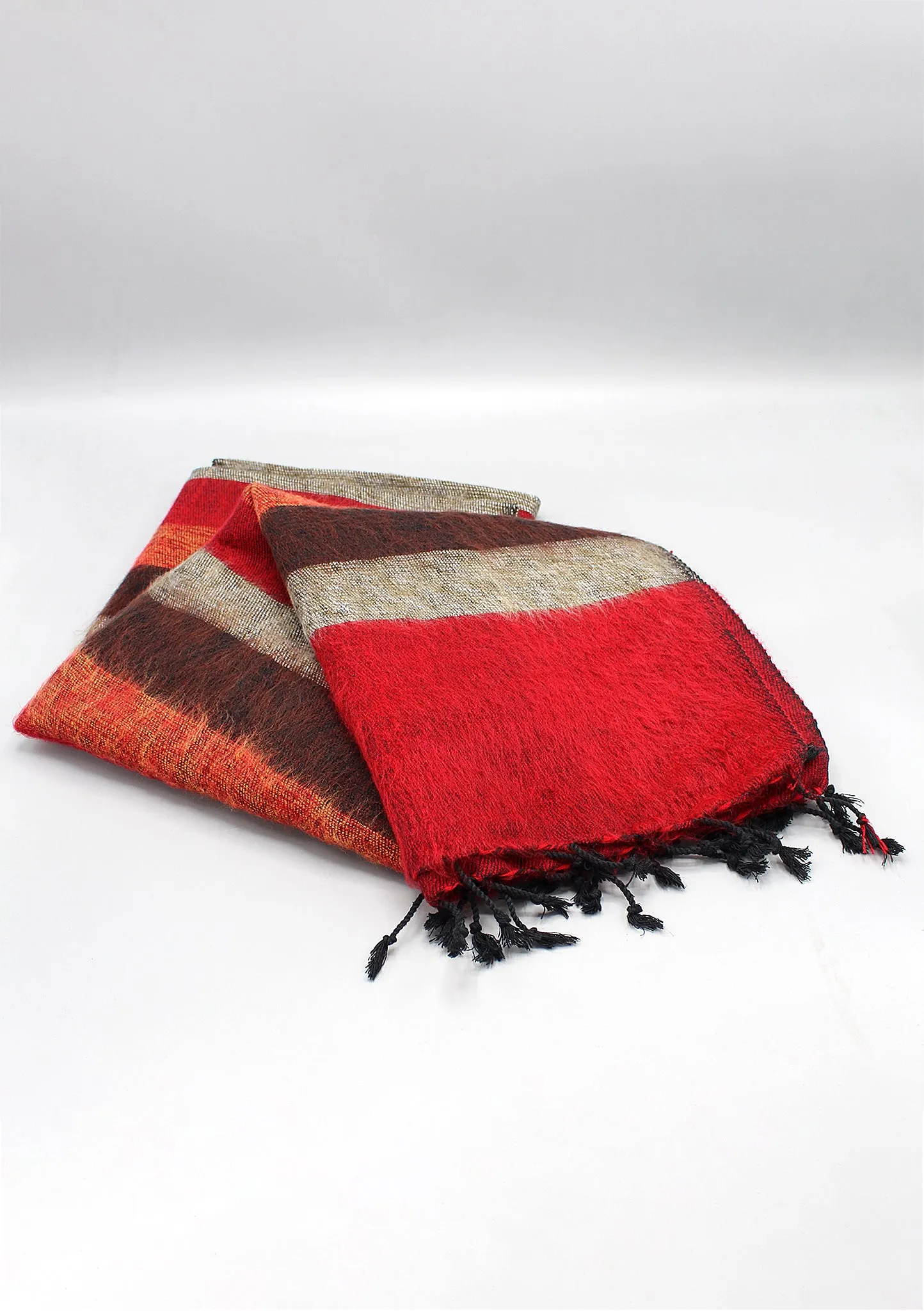 Red Brown Mix Stripe Hand-loomed Yak Wool Shawl