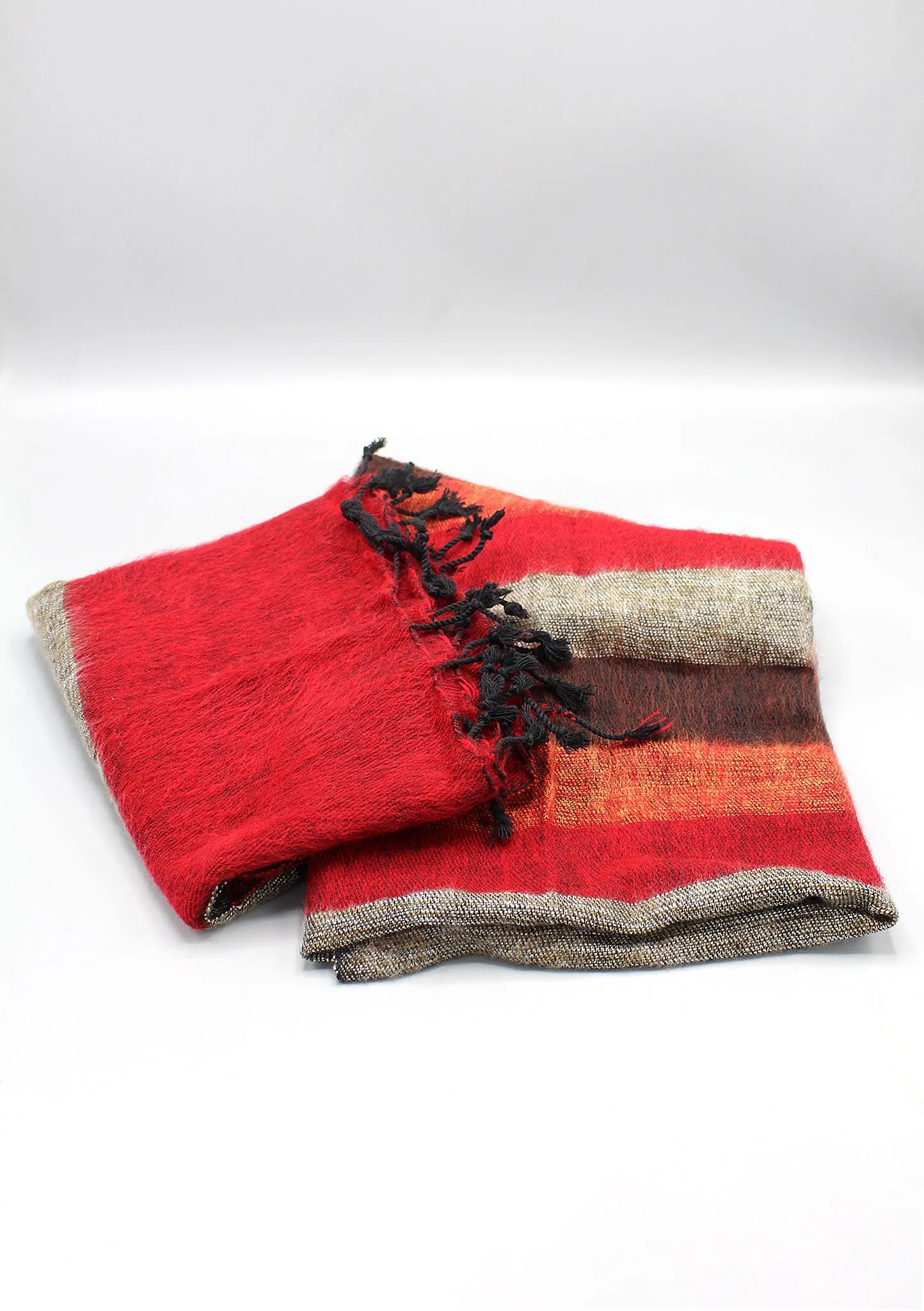 Red Brown Mix Stripe Hand-loomed Yak Wool Shawl