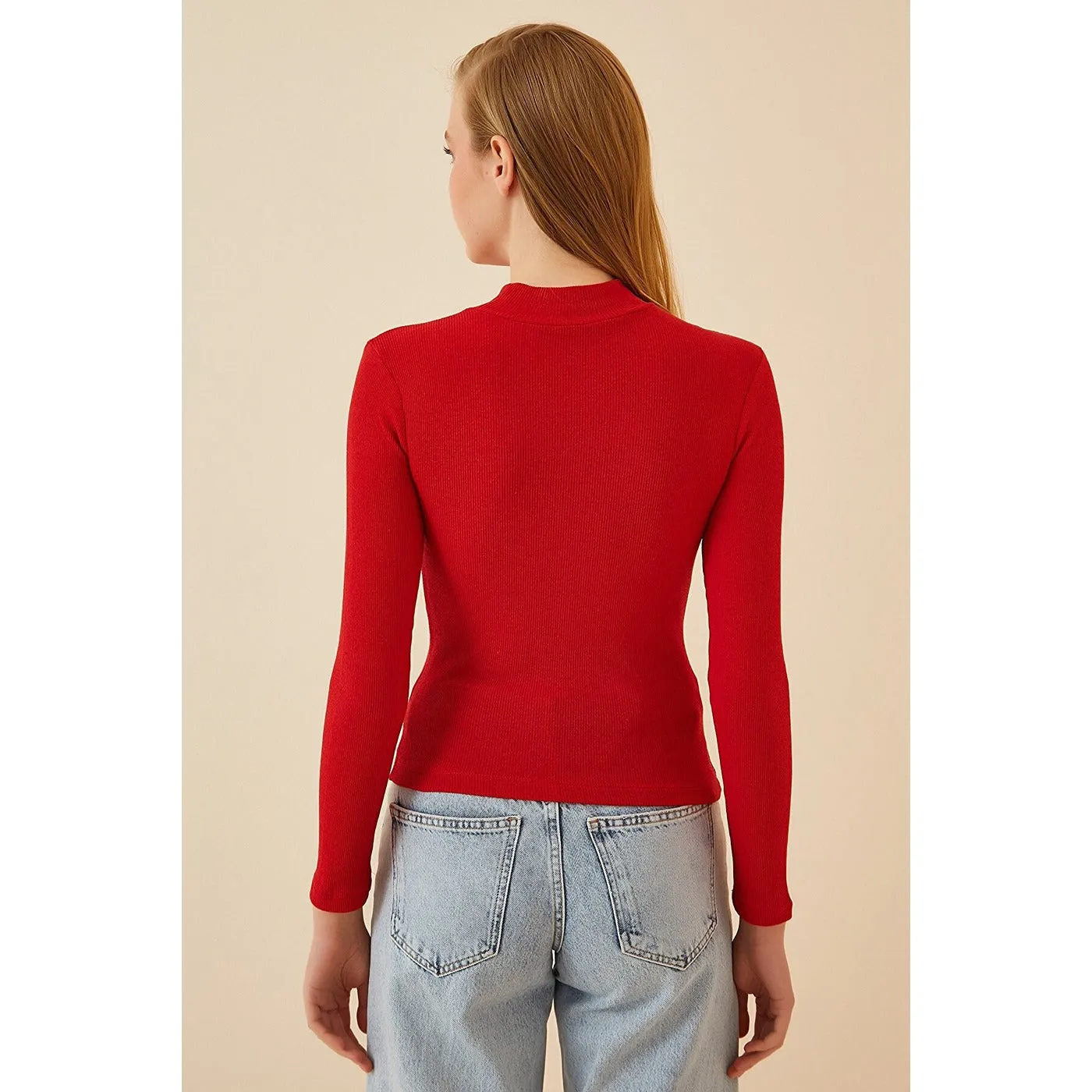 Red Cut Out Detailed Ribbed Knitted Blouse