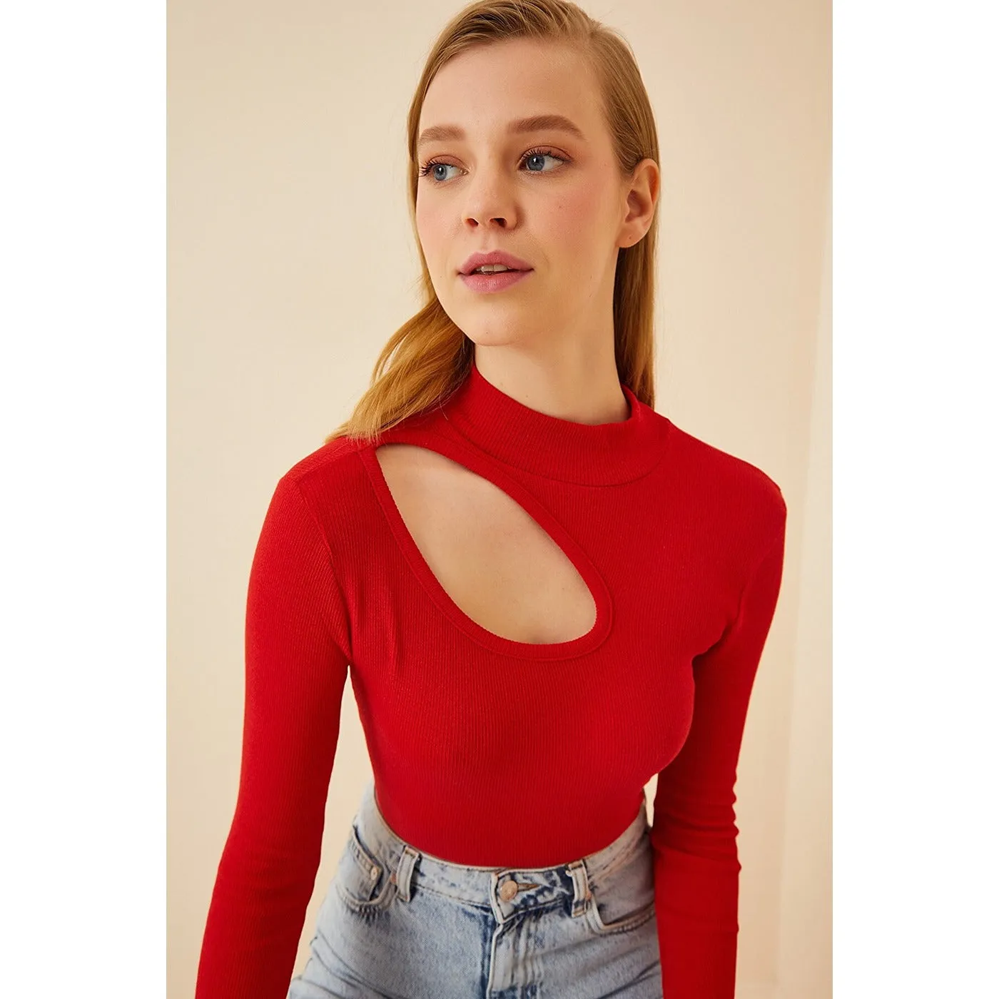 Red Cut Out Detailed Ribbed Knitted Blouse