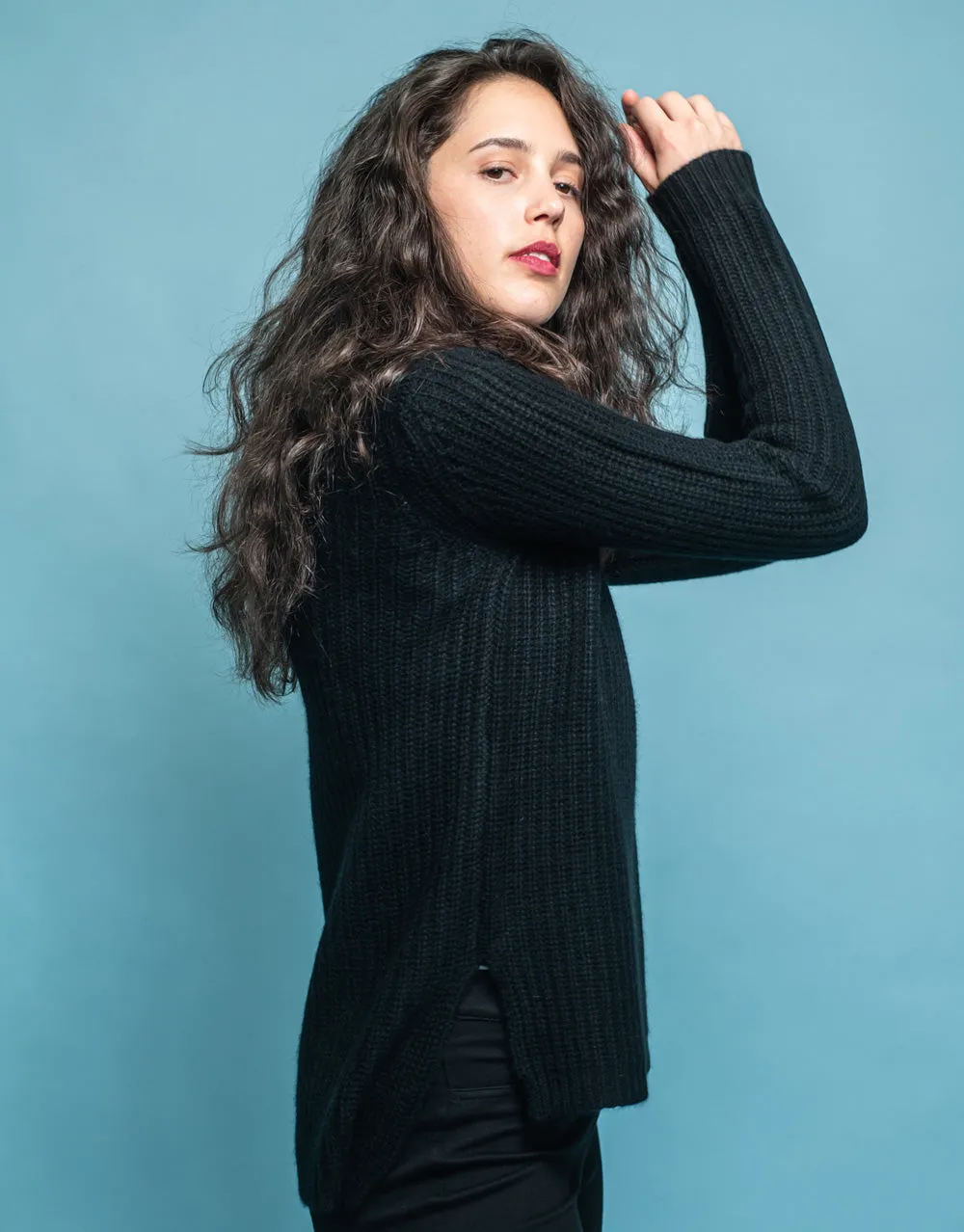 Rib Knit Turtleneck Sweater in Black