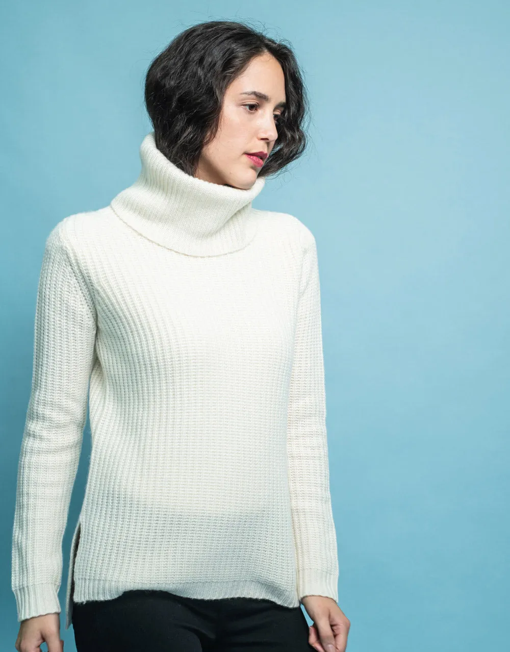 Rib Knit Turtleneck Sweater in Ivory