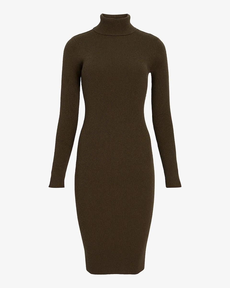 Ribbed Turtle Neck Sweater Midi Dress in Olive Green