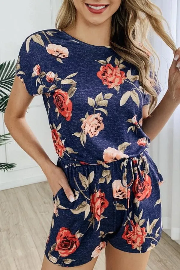 Round Neck Printed Button Drawstring Jumpsuit