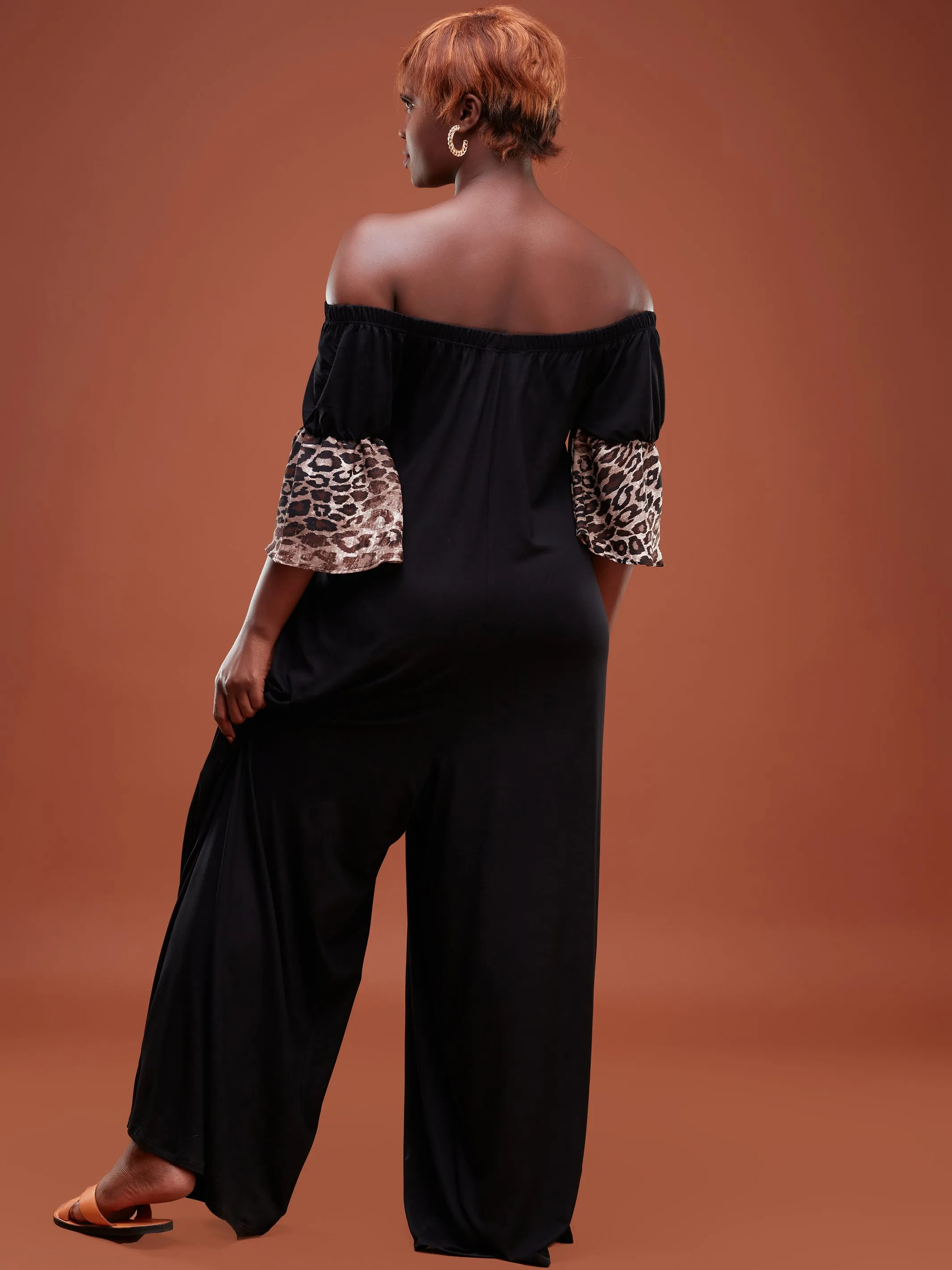 Safari Ayana 3/4 Sleeved Off Shoulder Jumpsuit - Black / Grey Print