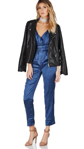 Satin V Neck Jumpsuit Navy Blue