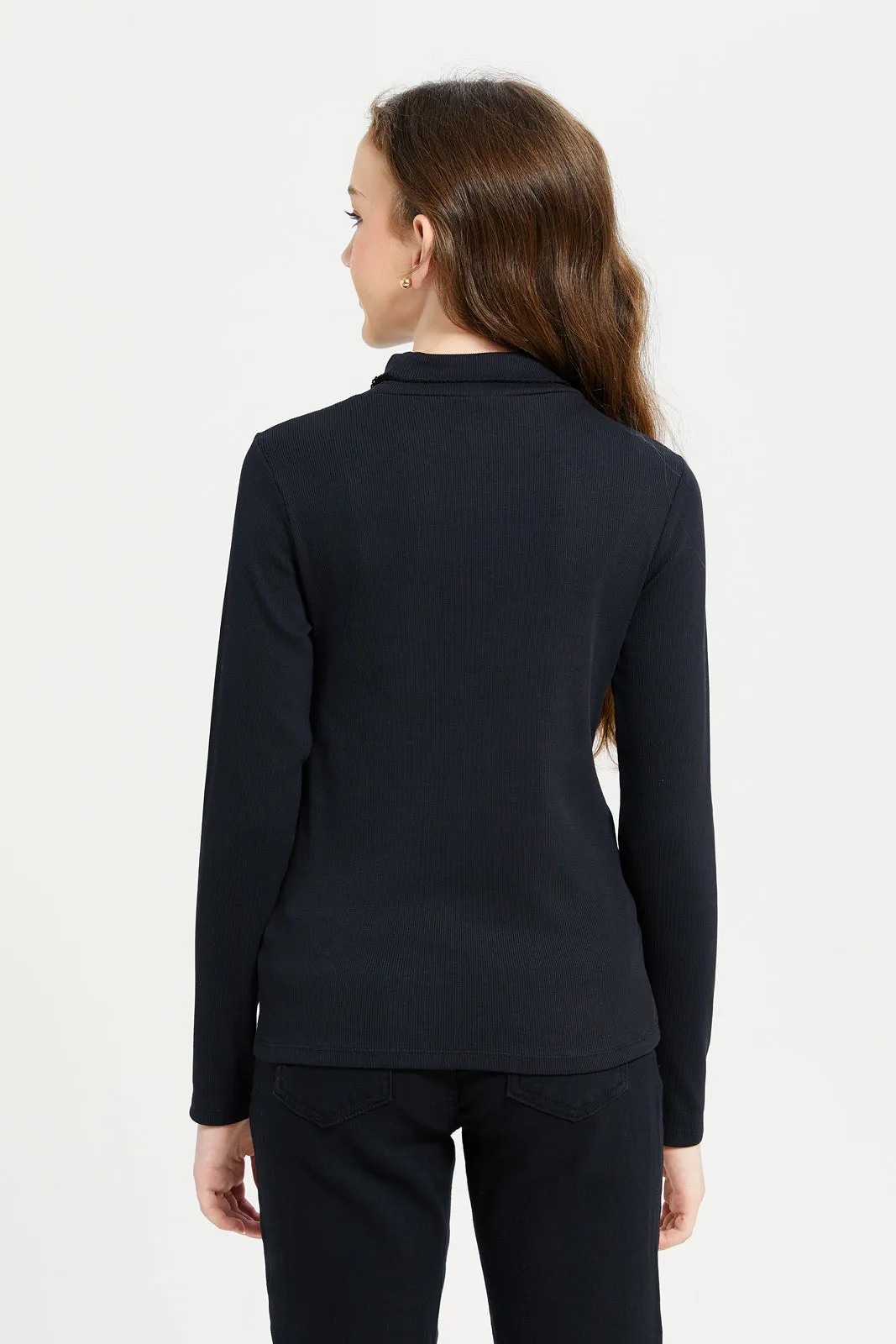 Senior Girls Black Solid Turtle Neck Top