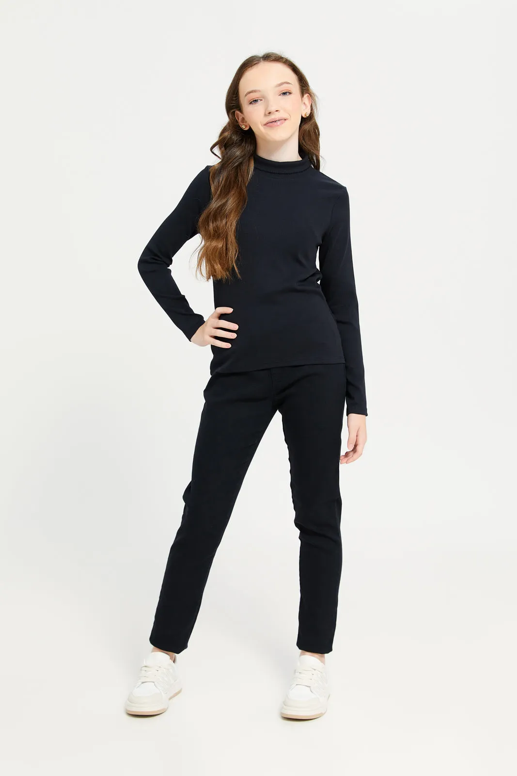 Senior Girls Black Solid Turtle Neck Top