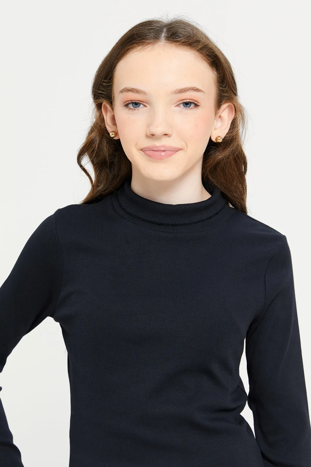 Senior Girls Black Solid Turtle Neck Top