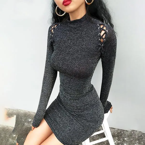 Sexy Knitted Autumn Sequin Lace Up Short Dress