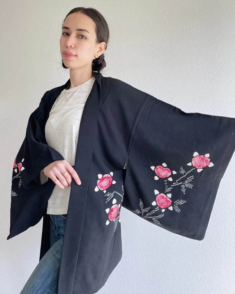 Shibori Flower Black Haori Kimono Jacket