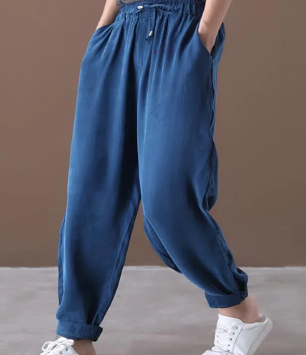 Silk cotton Thin Denim Summer Loose Wide Leg Women Casual Pants Elastic Waist WG05131