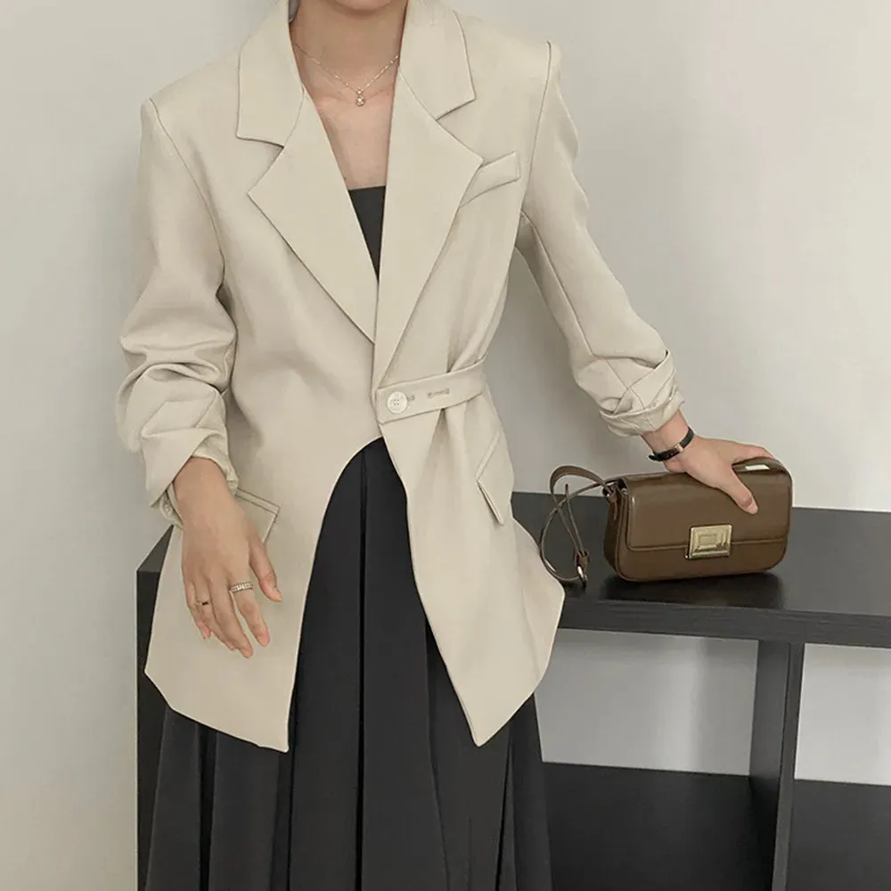 Solid Minimalsit Blazers For Women Notched Collar Long Sleeve Patchwork Belt Casual Blazer Female Fashion Clothing