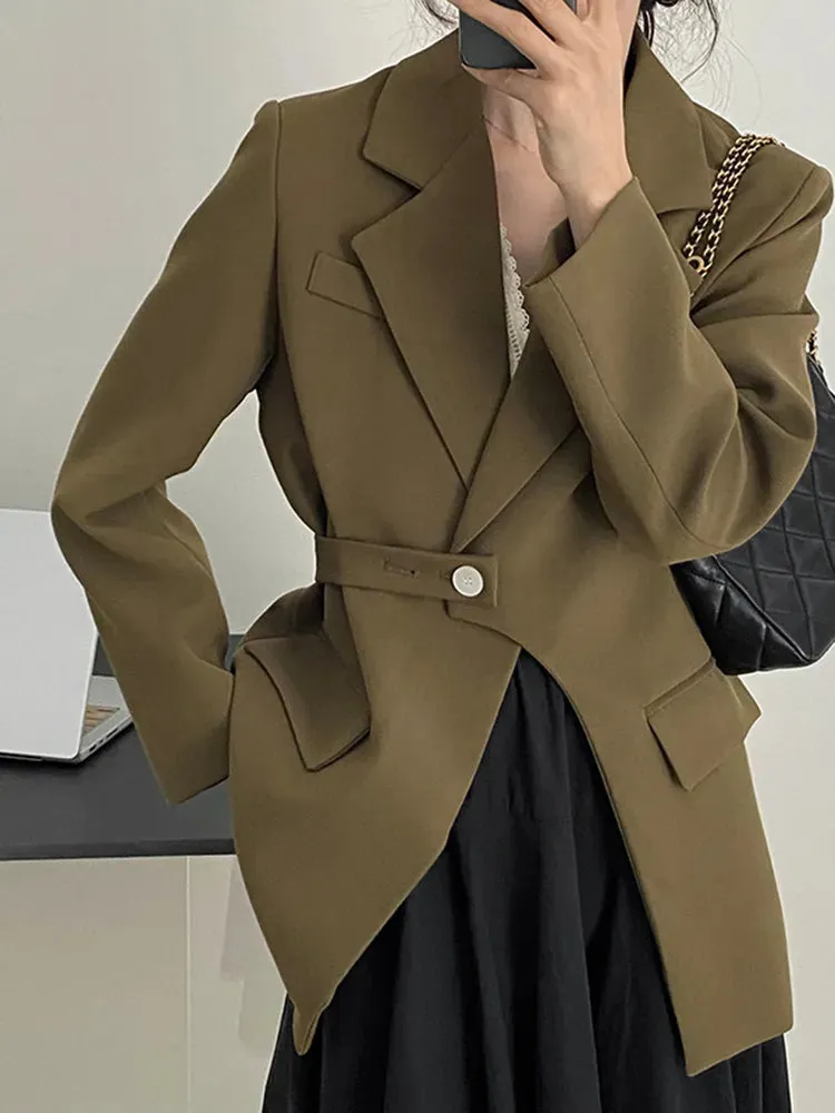 Solid Minimalsit Blazers For Women Notched Collar Long Sleeve Patchwork Belt Casual Blazer Female Fashion Clothing