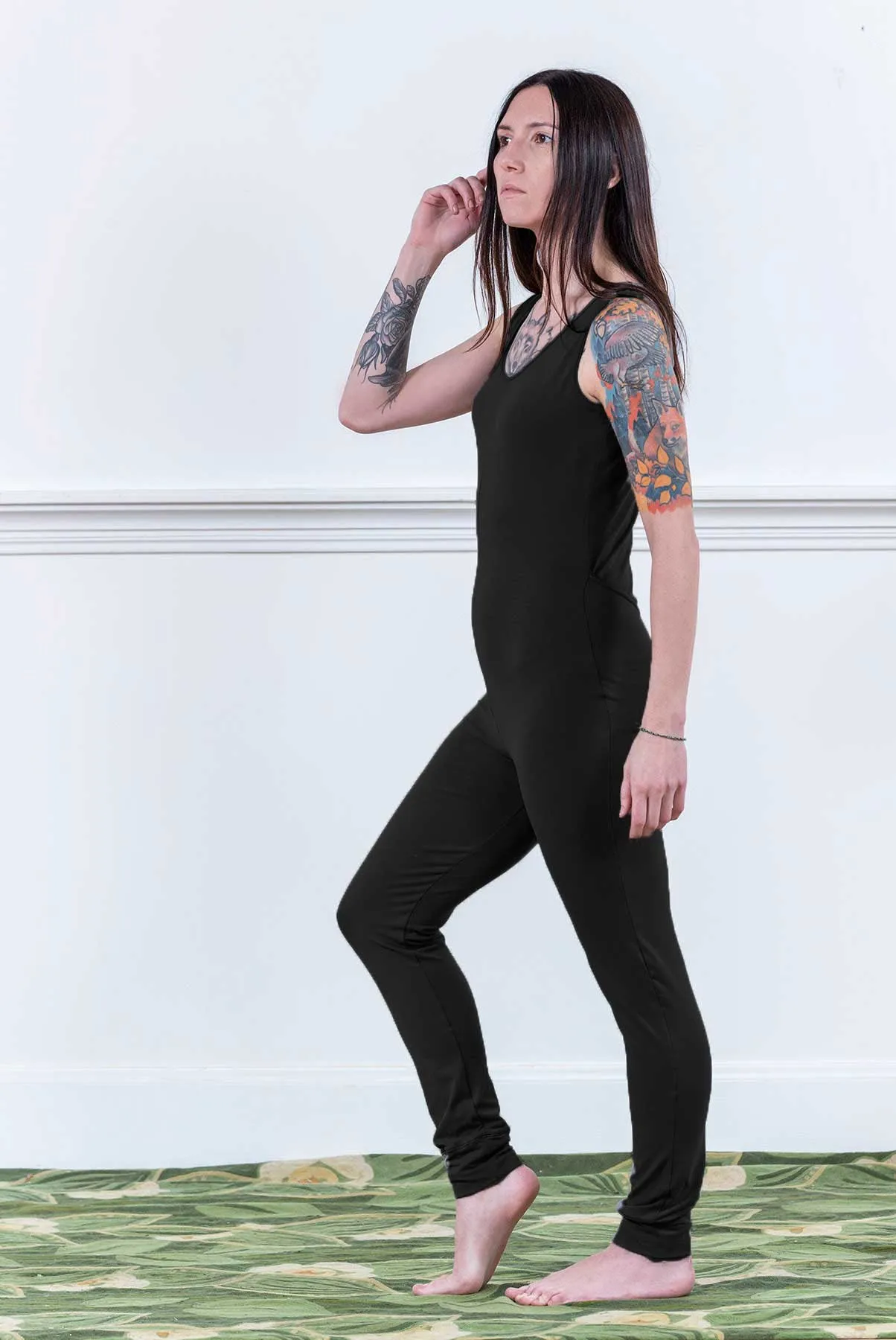 Soy French Terry Black Sleeveless Union Suit | Women's Full Bodysuit | MoonEaze™