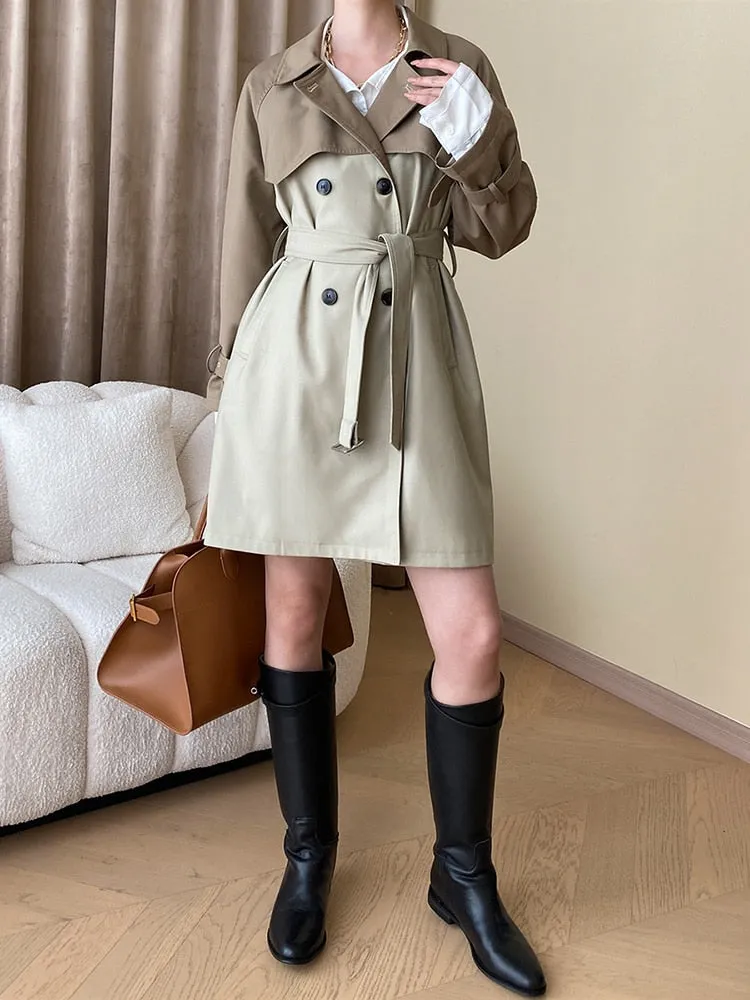 Spliced Lace Up Casual Trenches For Women Lapel Long Sleeve Tunic Patchwork Button Chic Trench Female Fashion