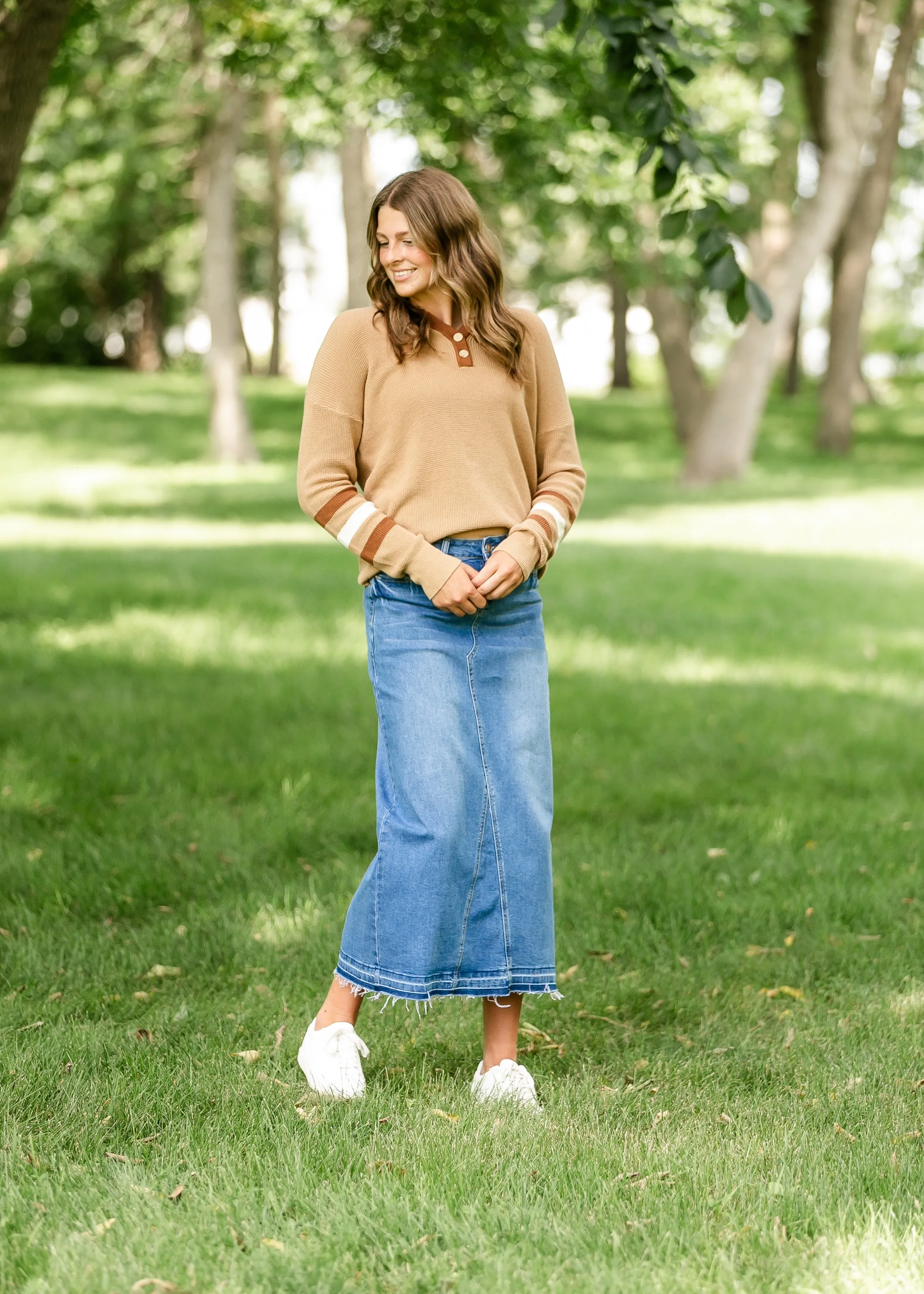 Stacy Raw Hem Long Denim Skirt