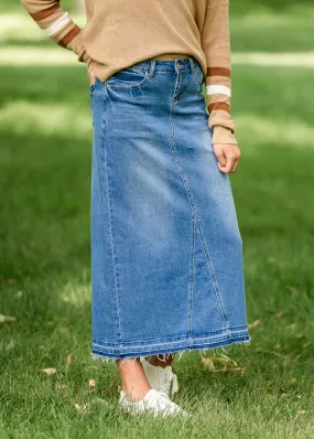 Stacy Raw Hem Long Denim Skirt