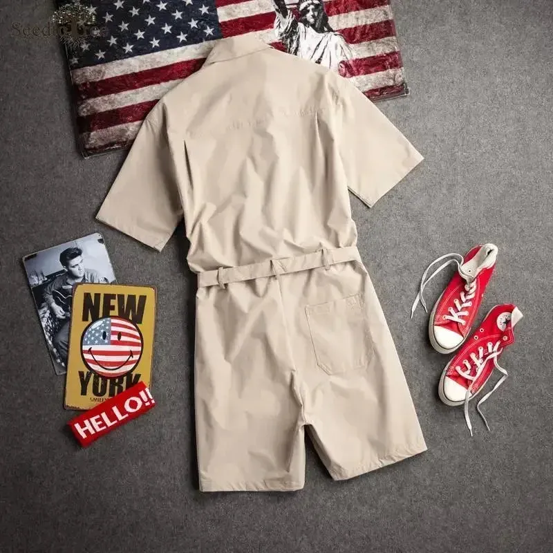 Summer Solid Casual Men's Jumpsuit Safari Style Men's Sets Single Breasted Lapel Short Sleeved Lace Up Shorts