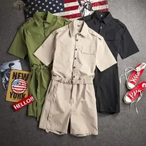 Summer Solid Casual Men's Jumpsuit Safari Style Men's Sets Single Breasted Lapel Short Sleeved Lace Up Shorts