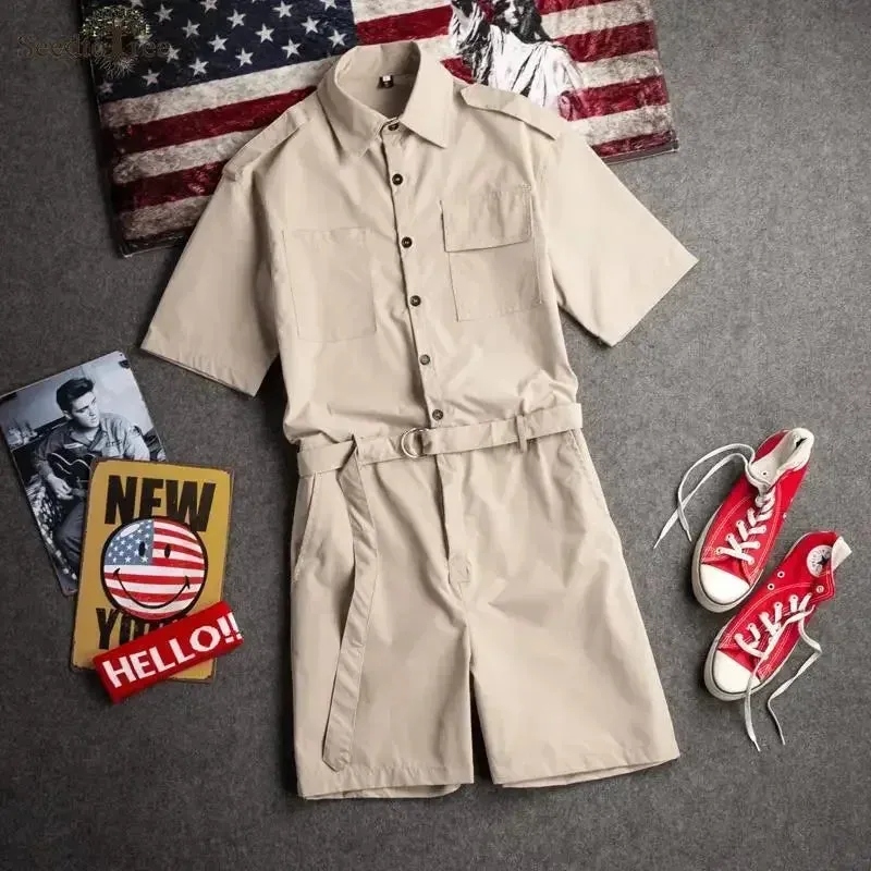 Summer Solid Casual Men's Jumpsuit Safari Style Men's Sets Single Breasted Lapel Short Sleeved Lace Up Shorts