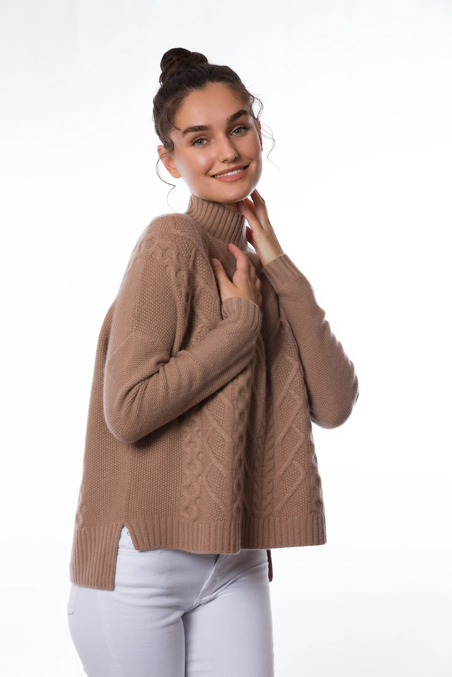 Sustainable Cashmere Loose Fit Cable Sweater - Modern Camel