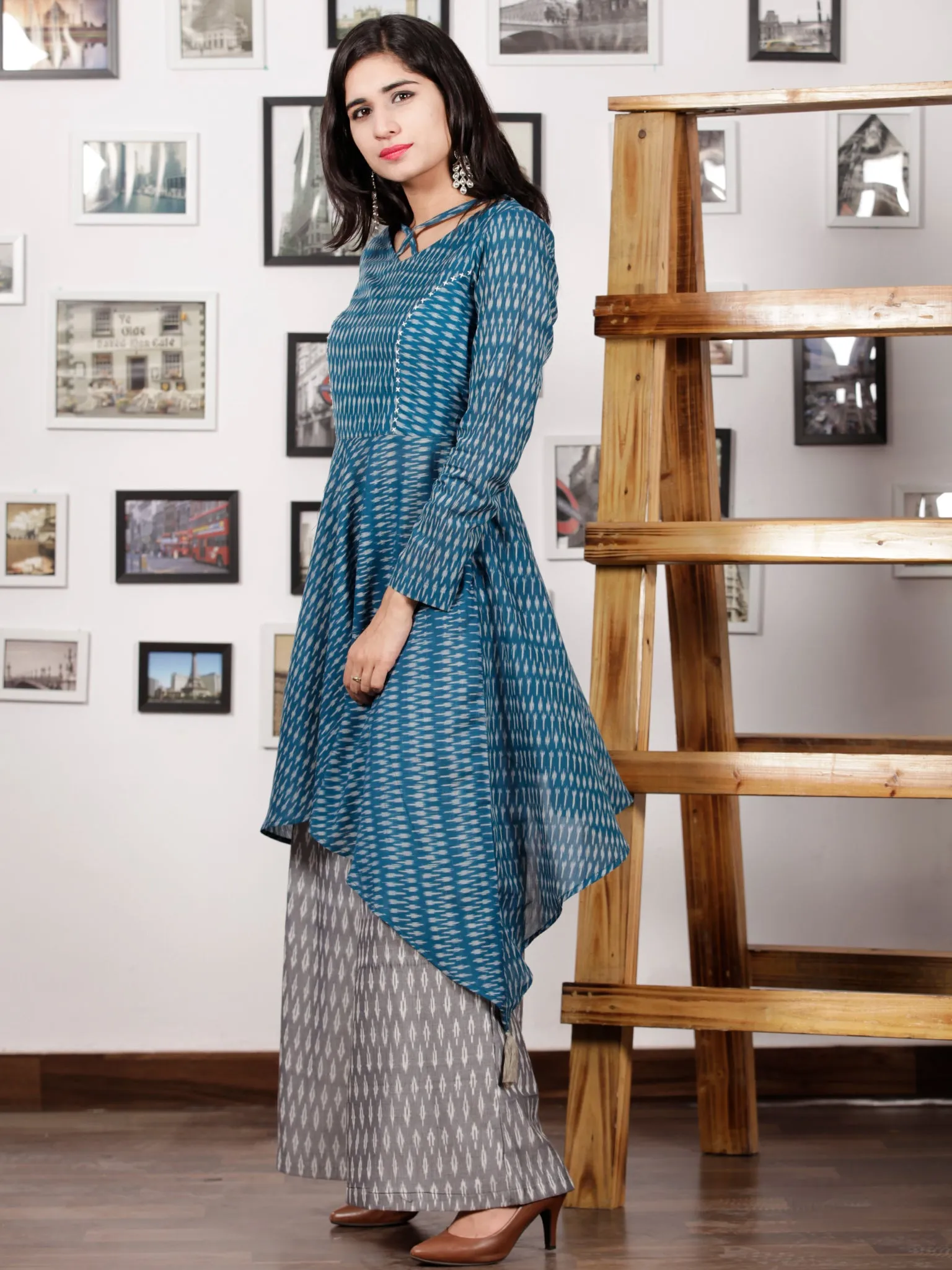 Teal Blue Grey Silk Cotton Ikat Asymmetric Kurta & Culottes Dress (Set of 2) - D285F1438