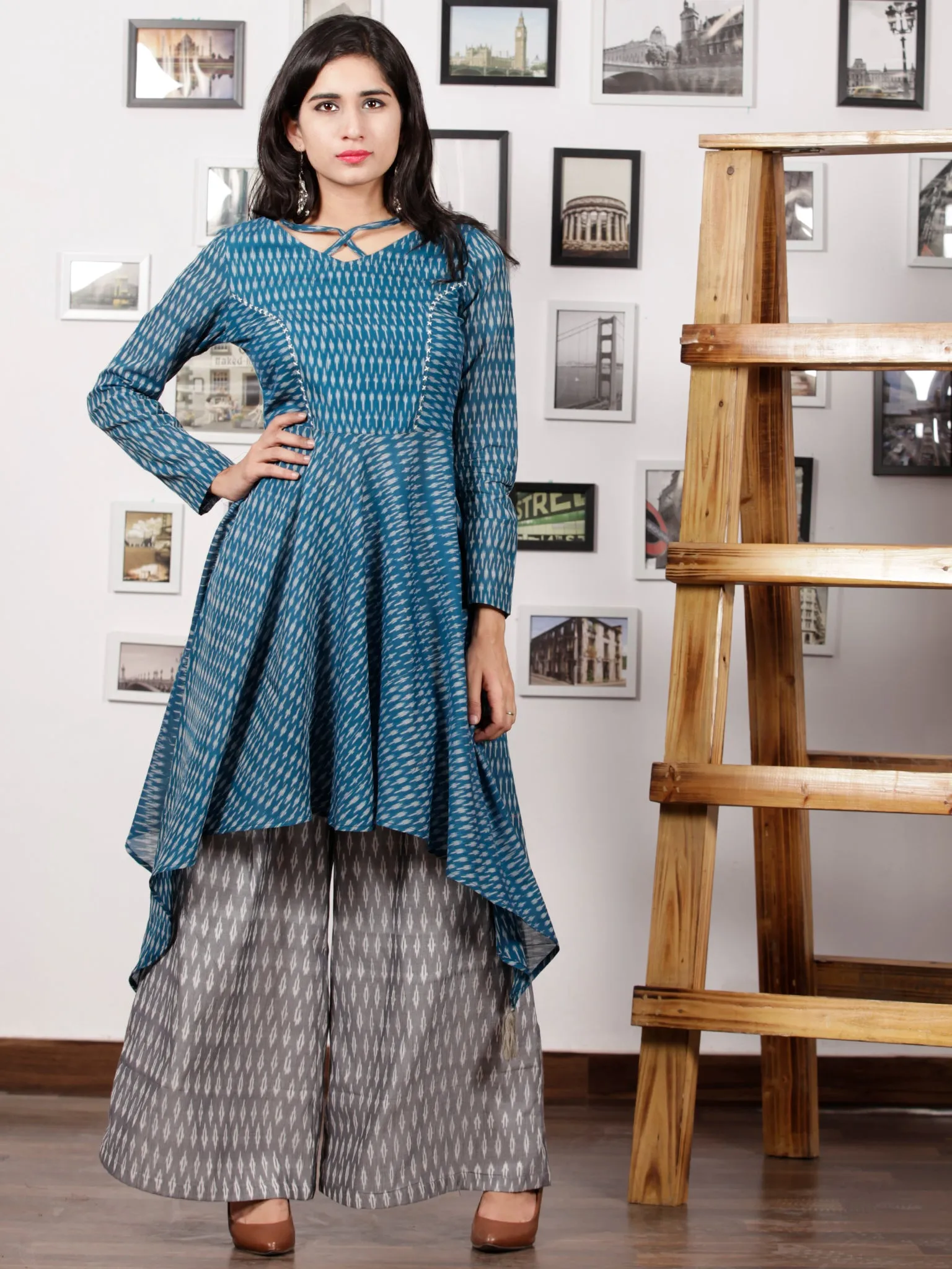 Teal Blue Grey Silk Cotton Ikat Asymmetric Kurta & Culottes Dress (Set of 2) - D285F1438