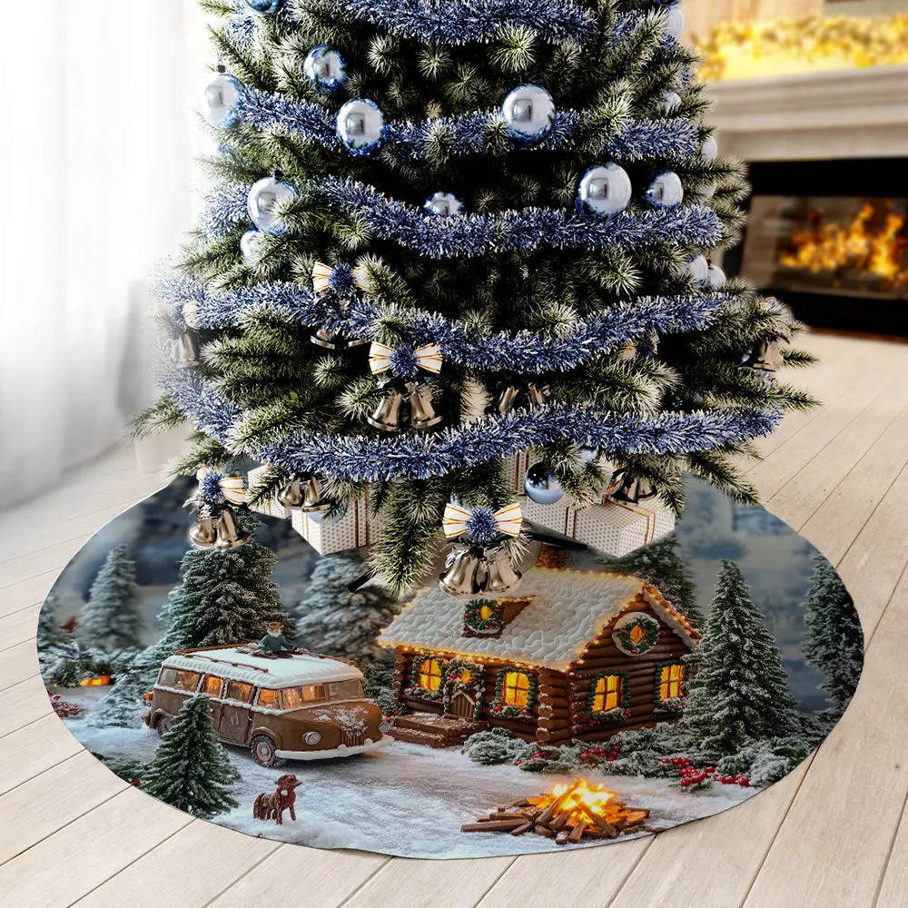 Teesdily | Snowy Christmas House With Christmas Tree Xmas Tree Skirt, Beautiful Cabin Tree Skirt For Christmas Tree, Indoor Decor