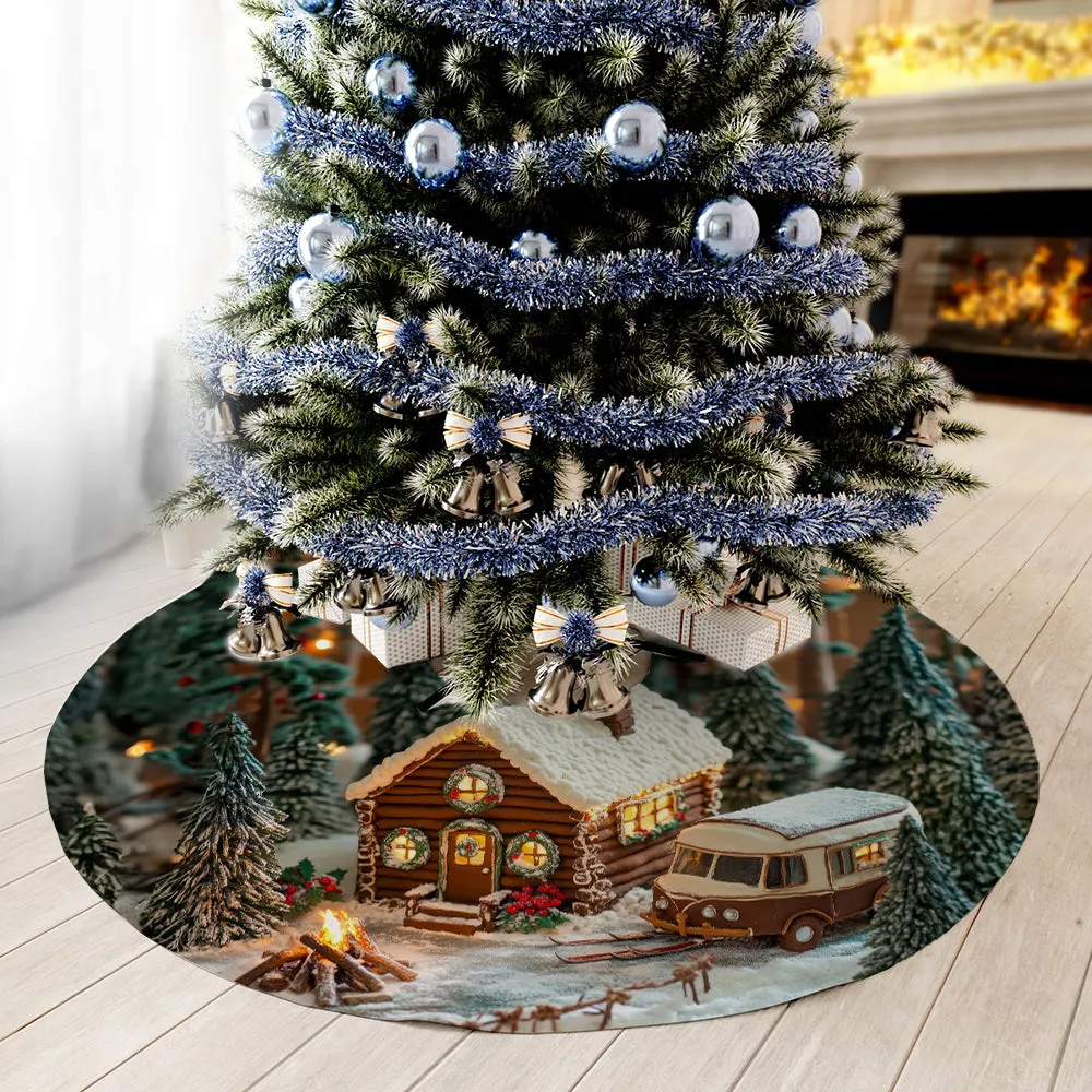 Teesdily | Snowy Christmas House With Christmas Tree Xmas Tree Skirt, Beautiful Cabin Tree Skirt For Christmas Tree, Indoor Decor